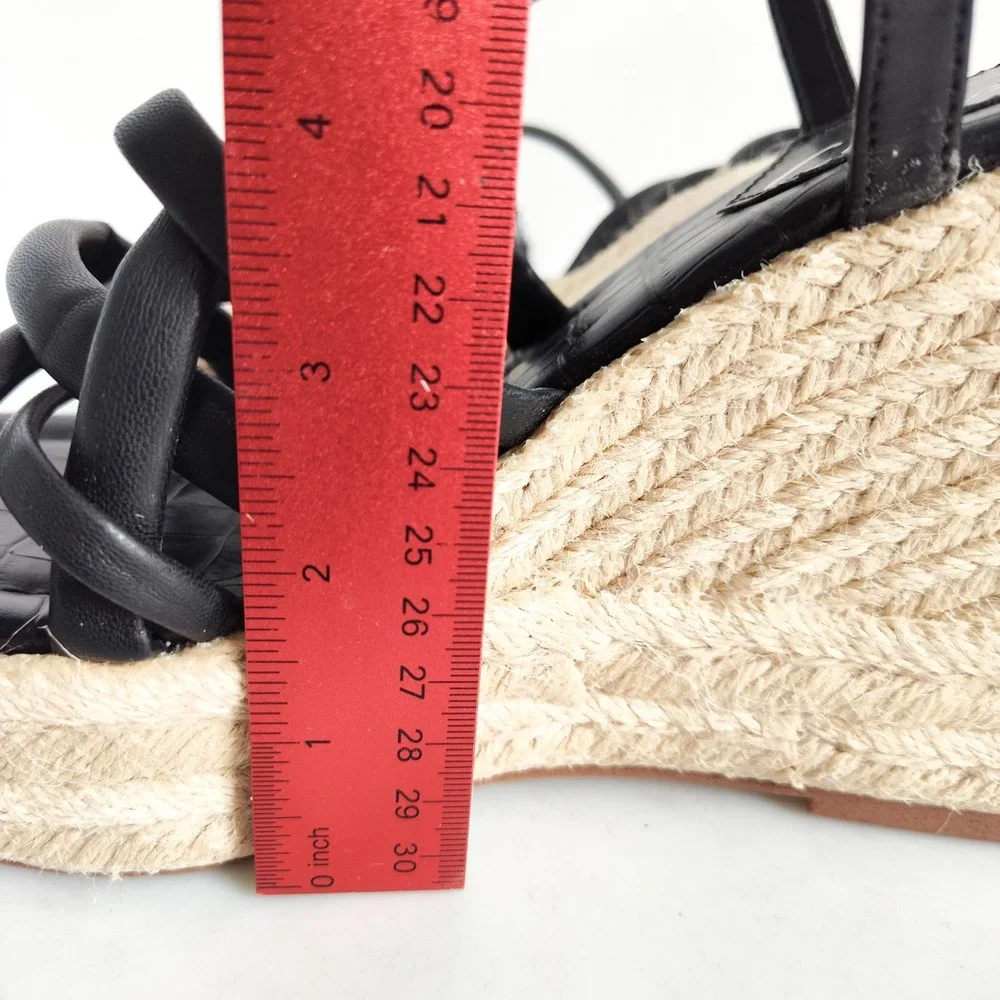 Sam Edelman Sandals Size 7.5‎ Wedge Espadrille Black Strappy Platform Square Toe